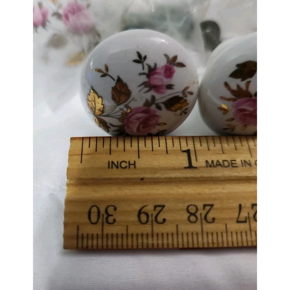 Vintage Ceramic Drawer Knob Gold Leafs With Pink Roses